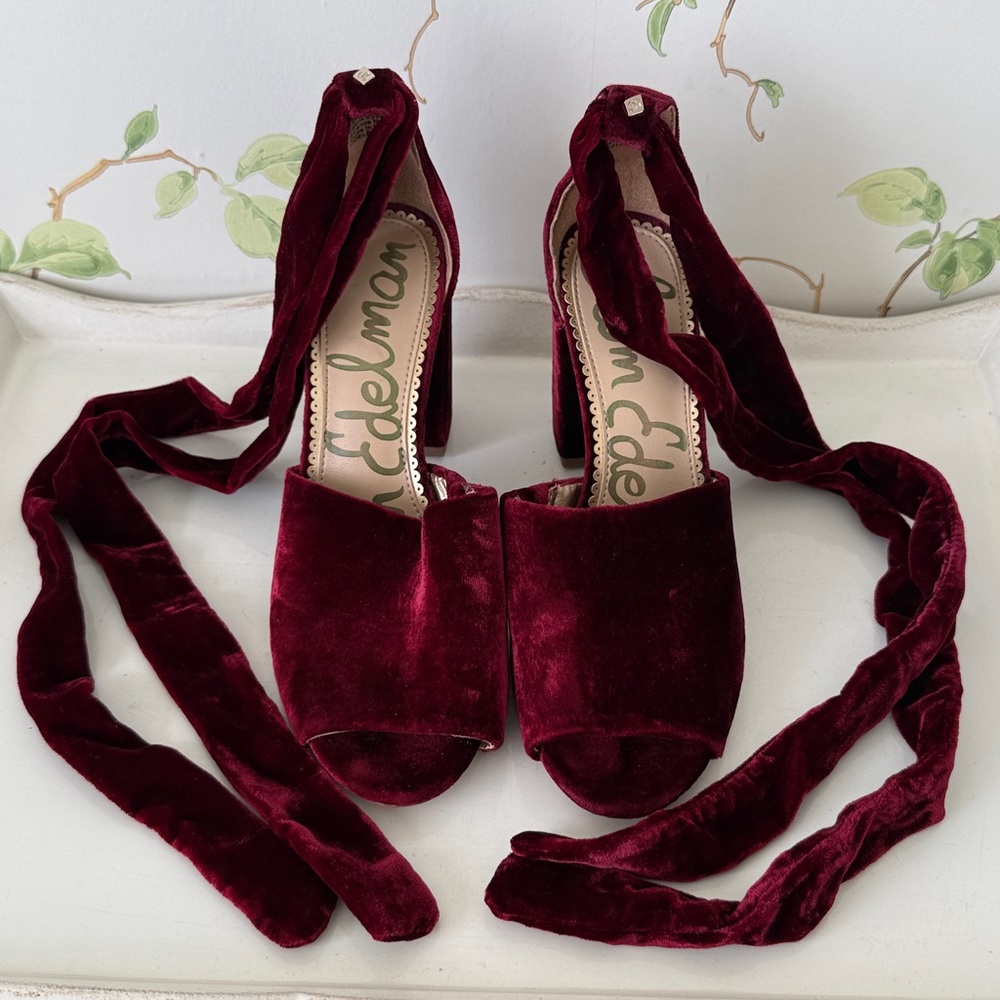 Sam Edelman Odele Velvet Cranberry Tie-up Dress Sandals Block Heel - Size 5.5